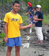 Ann, P'Ning from MAP, Dawood and Pancake from UCLA marking out the mangrove plots