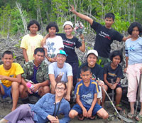 P'Ning, Mangrove Action Plan, Kelly, Andaman Discoveries Co-Director and the students enjoying a rest in the mangroves.
